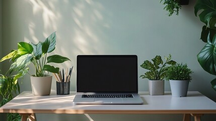 Fototapeta premium Modern Workspace with Plants and Laptop on Desk