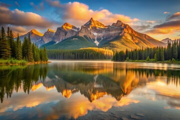 Morning Elegance Radiates from Calm Mountain Lake Waters as Soft Golden Light Dancing across Surface Creates Stunning Visual Harmony with Surrounding Peaks in Silent Majestic Beauty.