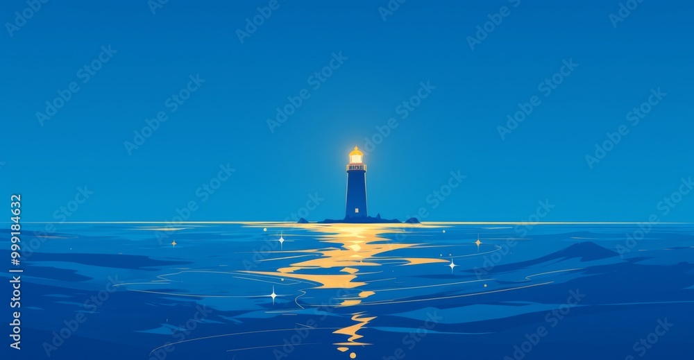 Poster lighthouse in the ocean with golden reflection and light emanating from the top
