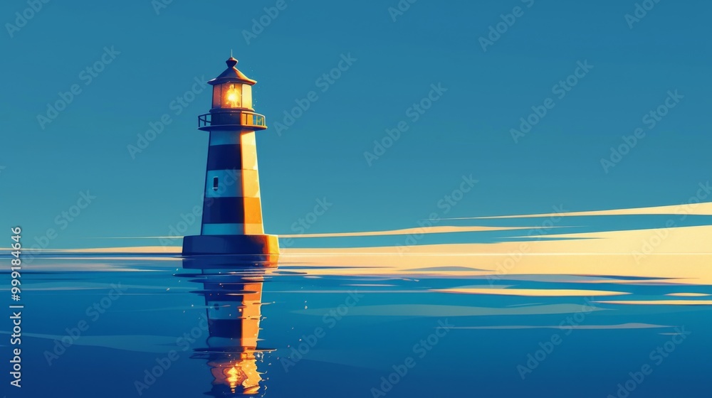 Poster lighthouse in the ocean with golden reflection and light emanating from the top