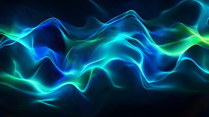 Obraz premium Abstract Teal and Blue Waves: Dynamic digital art showcasing flowing, luminous teal and blue waves on a dark background, perfect for tech, music, or abstract design projects. 