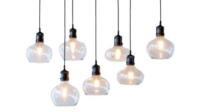 Cluster of clear glass pendant lights with exposed bulbs, suspended at different heights, glowing warmly isolated on background.