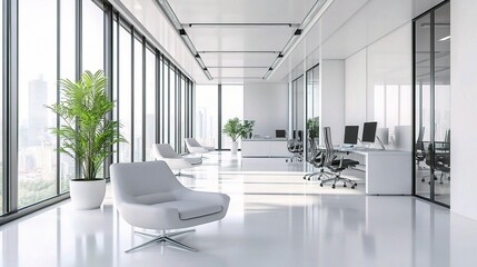 Modern Office Interior with Natural Light and Greenery