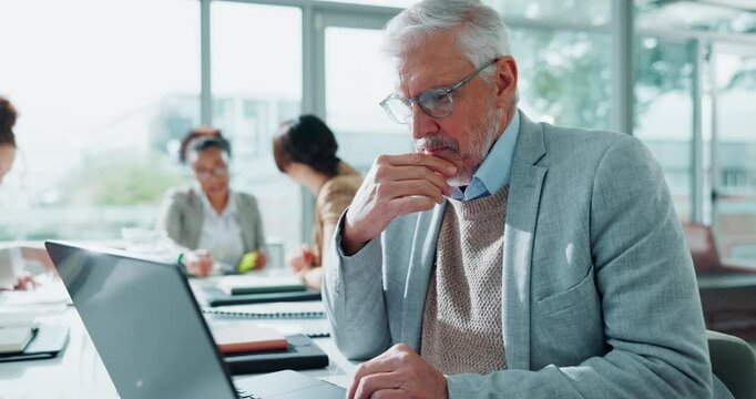 Meeting, confused and mature businessman on laptop in office for mistake, glitch and online error. Corporate, coworking and boss on computer with bad news for debt, company budget and crisis at desk