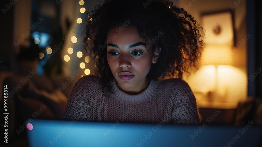 Poster Focused Woman Working Late on Laptop Screen