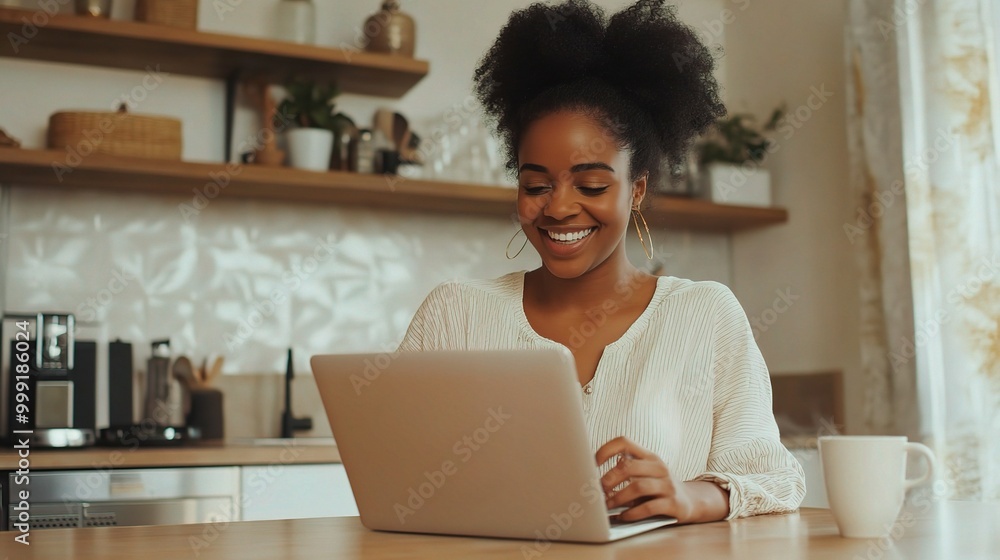 Wall mural Happy Woman Working on Laptop at Home