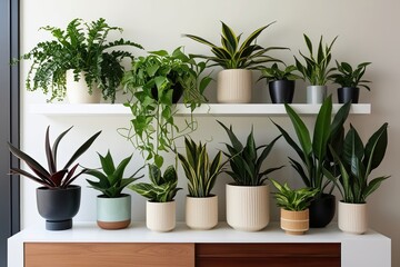 Obraz premium Medley of Eye-Catching Houseplants in Contemporary Decor on a Minimalistic Shelf