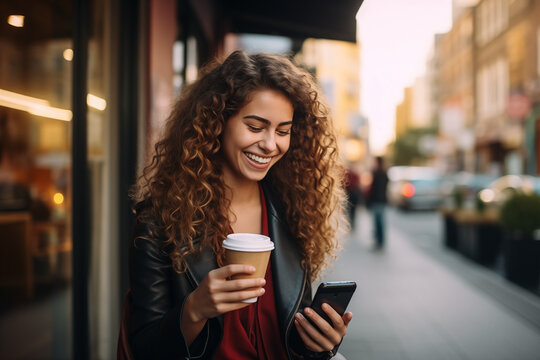 woman with long brown curly hair drinking coffee while looking at her cellphone on an outdoor street corner