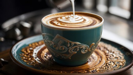 Artfully Crafted Latte With Intricate Foam Design in a Charming Café Setting
