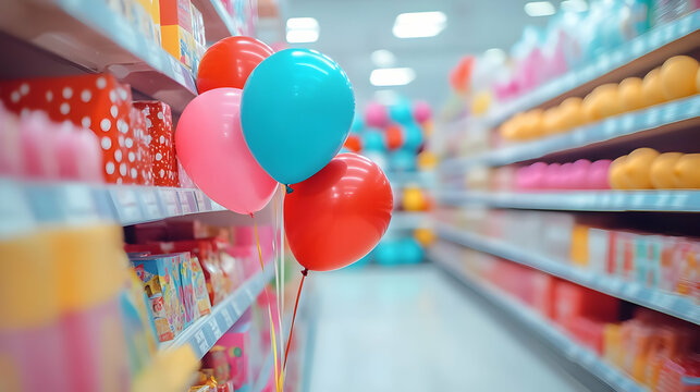 Colorful Balloons Among Party Supplies in Store Aisle