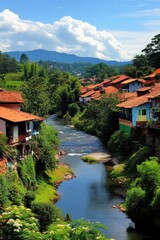 Scenic view of a colorful village nestled in a lush, green landscape