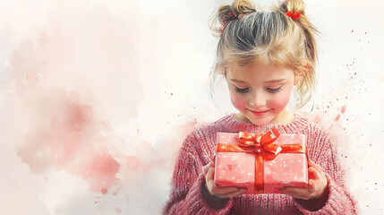 Pink watercolor painting of a little girl holding christmast gift box