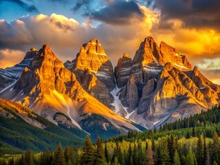 The golden hour sun casts a warm, honey-colored light on the mountain peaks, accentuating their rugged beauty, and creating a sense of depth and dimensionality in the vast, natural landscape.