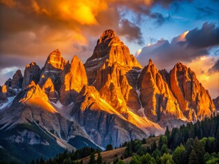 Sunrise casts warm golden light across the landscape illuminating rugged peaks and creating rich color contrasts with cool morning shadows.