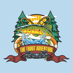 Trout fish Sport Fishing logotype in blue Background Colorful Vector Cartoon Modern Illustration for sticker badge emblem t-shirt banner invitation