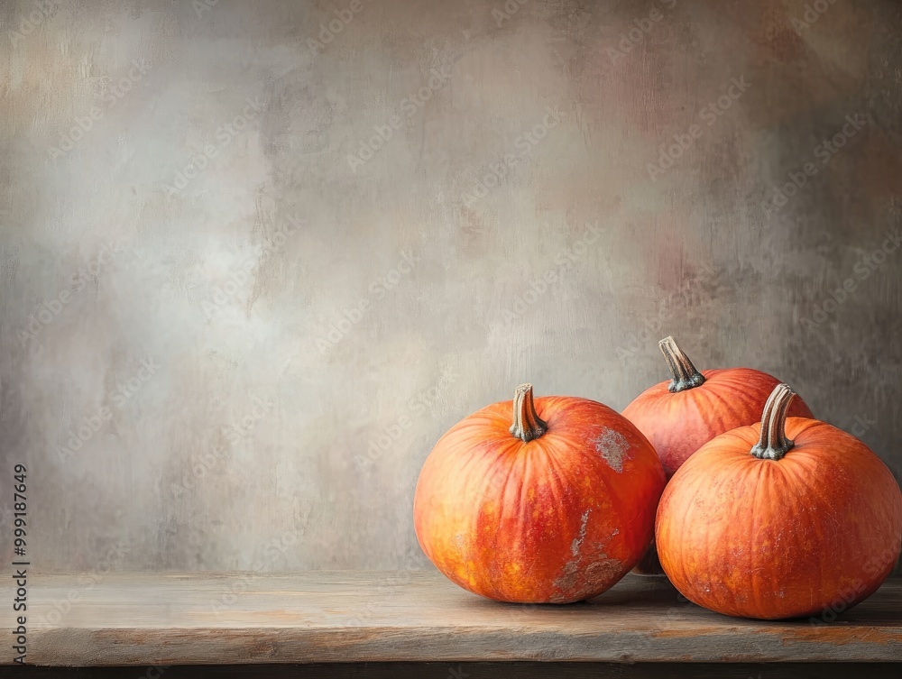 Poster pumpkins on table with rustic background and empty space
