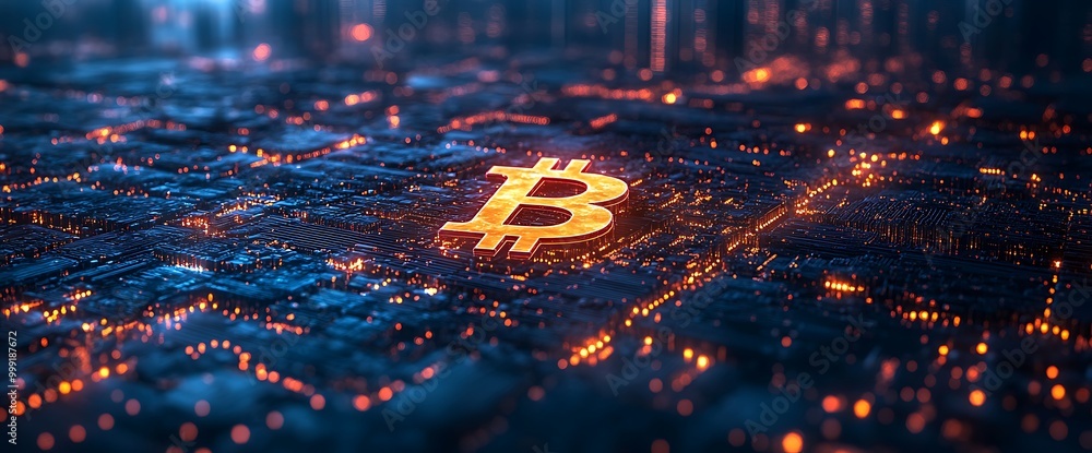 Poster 3d rendering of a glowing bitcoin symbol on a dark, digital background.