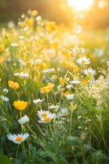 Fototapeta premium Vibrant field of yellow and white wildflowers in the sunlight