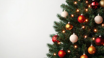 Decorated Christmas Tree with Red  Gold  and White Ornaments on White Background