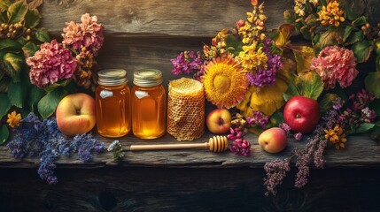 a beautifully arranged flat lay of honey jars