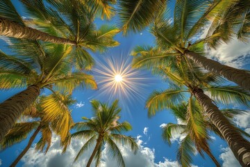 Tropical palm trees and bright sun
