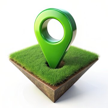 A green location pin is stuck into a small plot of grass, which is a piece of land with brown edges