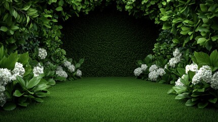 Lush Green Garden with White Flowers and Green Wall Background