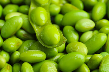 Fresh edamame pod on soybeans, closeup view