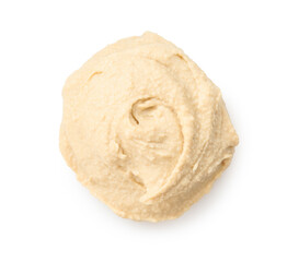 Sample of delicious hummus isolated on white, top view