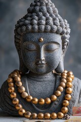 Serene buddhist statue with golden beads