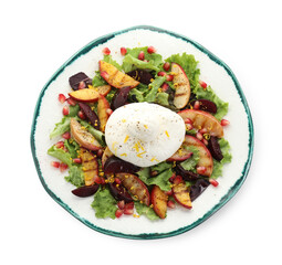 Plate with fresh burrata salad isolated on white, top view