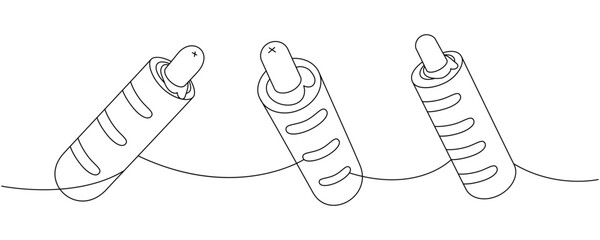French hot dog set one line continuous drawing. American street fast food. Vector linear illustration.