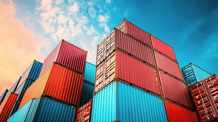 Fototapeta premium Colorful Shipping Containers Against Blue Sky