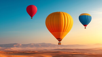 Naklejka premium Colorful hot air balloons over a vast desert, lowangle, hues of red, yellow, and blue against the sky, dynamic and vibrant