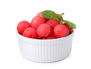 Tasty watermelon balls and mint in bowl isolated on white