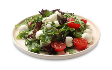 Tasty salad with arugula, lettuce, mozzarella cheese and vegetables isolated on white