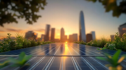 Solar Panels Under Sunset in Urban Environment