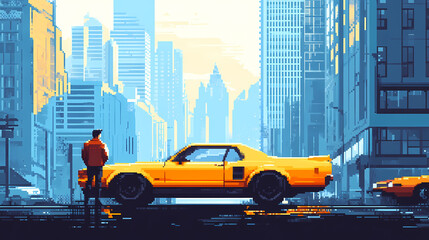 Pixelated illustration of a man standing near a yellow car in front of city buildings. Pixelated Graphics. Illustration