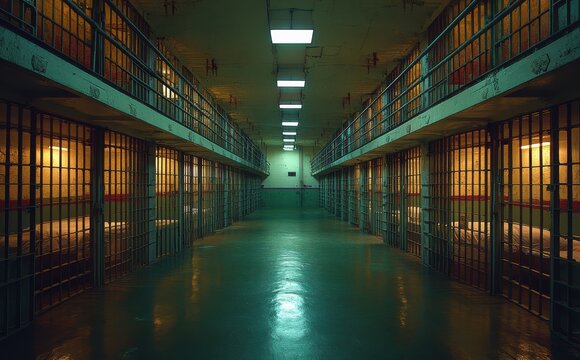 Rows of empty cells inside prison capture the somber atmosphere of confinement and isolation in a dimly lit corridor