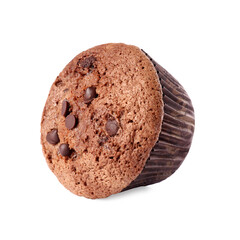 Delicious sweet muffin with chocolate chips isolated on white