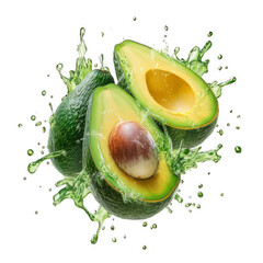 Ripe Avocado Slices with Water Splash, Organic, Green, and Healthy On Transparent Background
