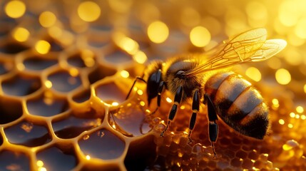 a bee resting on a piece of honeycomb with golden honey
