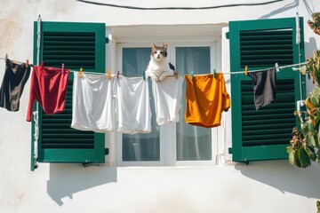 cat sitting on clothesline with laundry