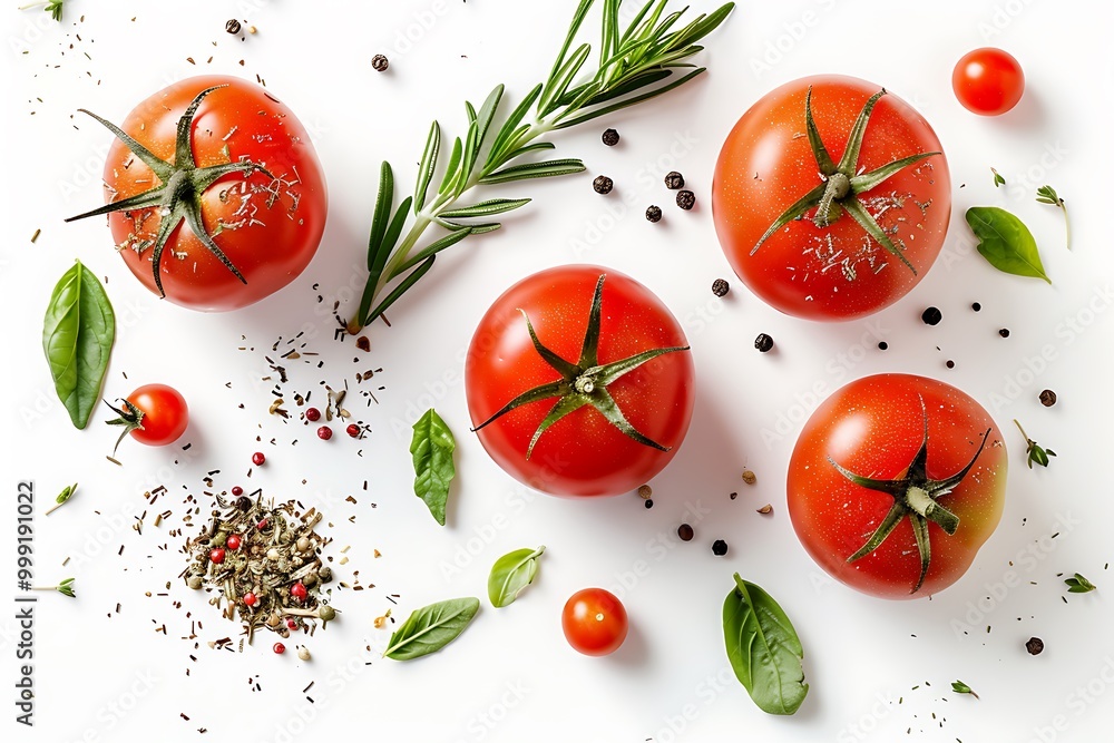 Wall mural fresh tomato, herbs and spices isolated on white background,