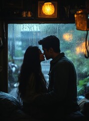 A couple kisses lovingly in bed as rain falls softly through an open window at night, creating a cozy and intimate atmosphere