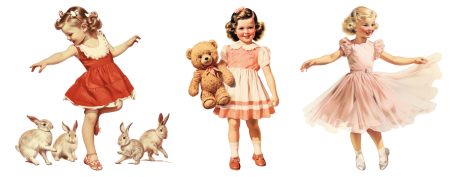 Vintage happy girl illustration png cut out element set - Powered by Adobe