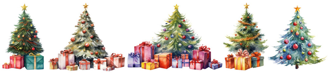 Watercolor Christmas tree png cut out element set