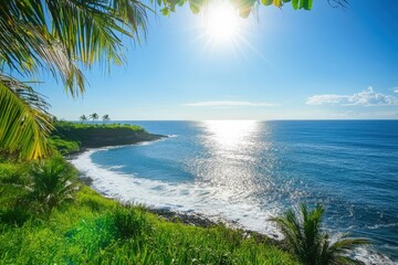 Tropical paradise beach scene with palm trees and ocean