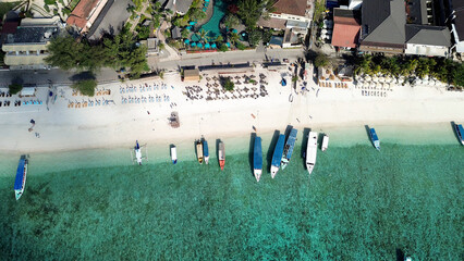 Gili Islands Tourism. Coastline of Gili Trawangan Island in Indonesia, drone view