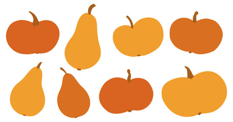 Hand drawing pumpkins collection. Set of flat hand drawn simple autumn pumpkin. Orange fall Halloween or Thanksgiving cute doodle elements. Isolated vector illustration